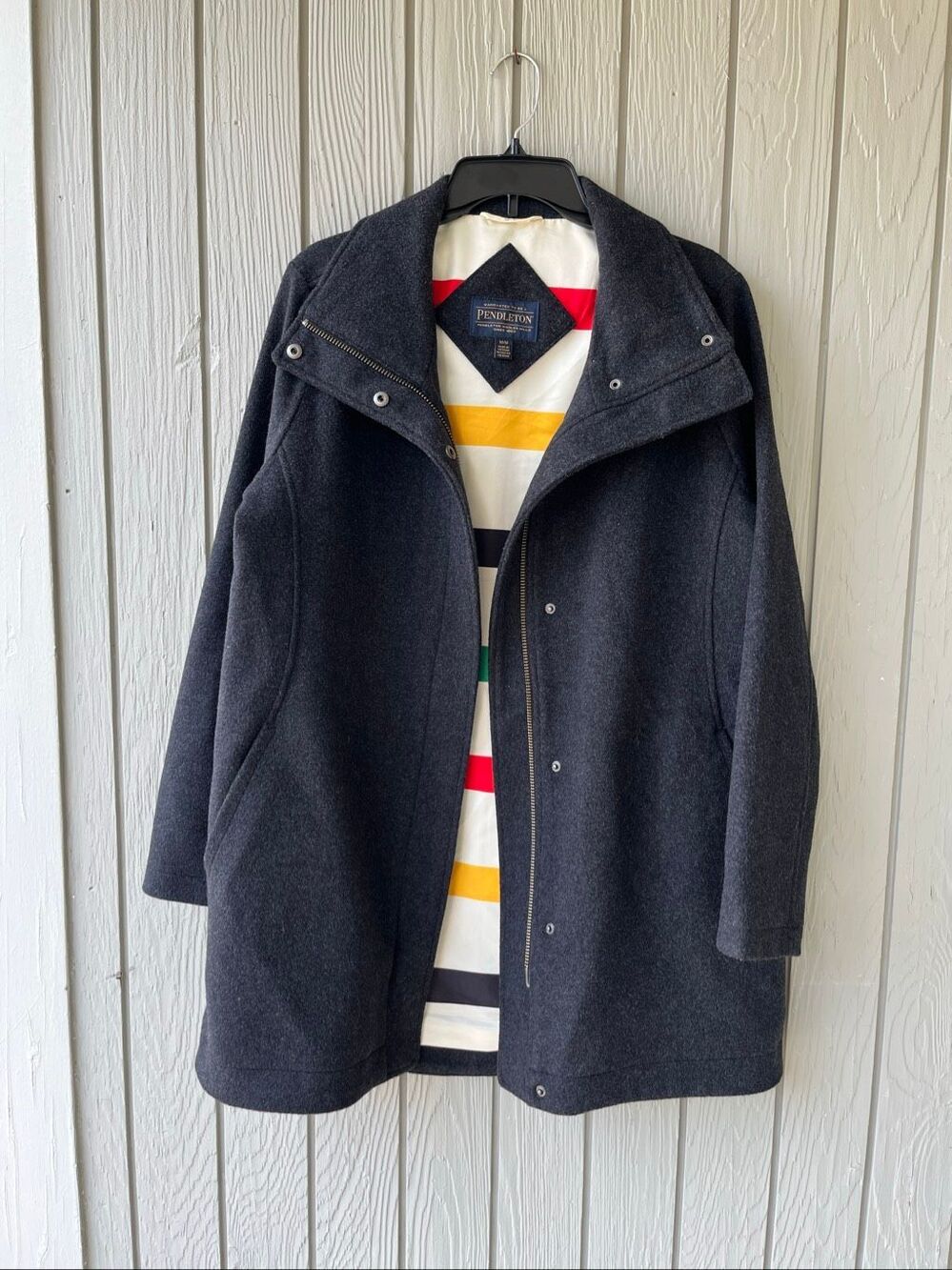 Pendleton Wool Coat M National Park Stripe Lined Gray Funnel Collar